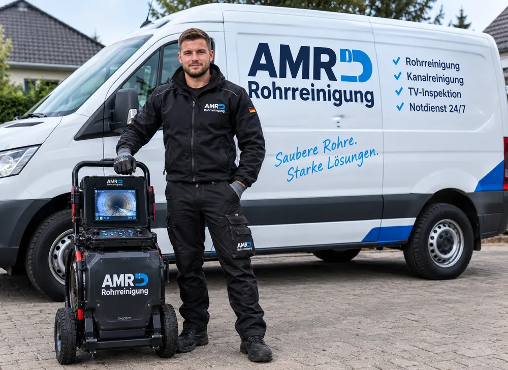 Beschriftetes Einsatzfahrzeug von AMR Rohrreinigung mit Ali Muhssen und der fahrbaren Kanalkamera davor