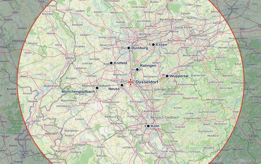 Karte des Einsatzgebiets: Düsseldorf als Mittelpunkt, ein Umkreis von 80 Kilometern und darin die Orte Neuss, Ratingen, Duisburg, Krefeld, Mönchengladbach, Wuppertal, Essen und Köln